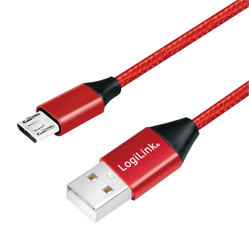 USB 2.0-Kabel, USB-A/M zu Micro-USB/M, Stoff, Metall, rot, 0,3 m