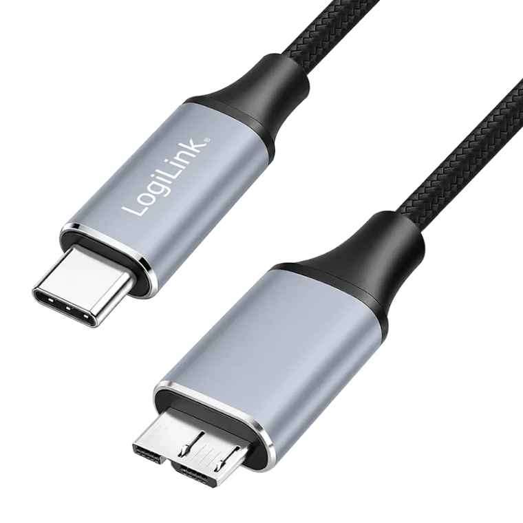 USB 3.2 Gen 1 Type-C-Kabel, C/M zu Micro-USB/M, 5 Gbit/s, Nylon, Metall, schwarz/silber, 1 m