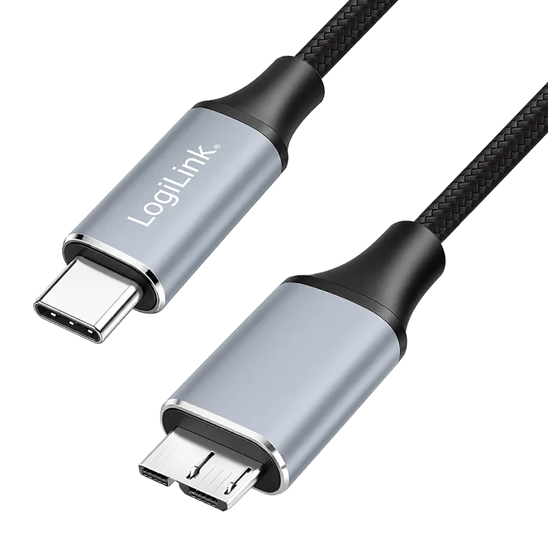 USB 3.2 Gen 1 Type-C-Kabel, C/M zu Micro-USB/M, 5 Gbit/s, Nylon, Metall, schwarz/silber, 2 m