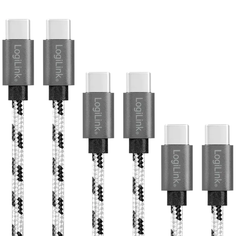 USB 2.0 Type-C 3er-Kabel-Set, C/M zu C/M, Alu, Nylon, weiß/schwarz