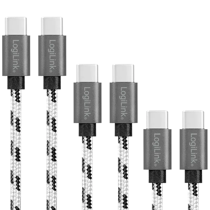 USB 2.0 Type-C 3er-Kabel-Set, C/M zu C/M, Alu, Nylon, weiß/schwarz
