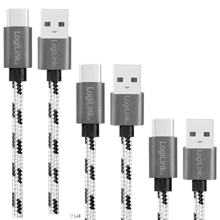 USB 2.0 Type-C 3er-Kabel-Set, C/M zu A/M, Alu, Nylon, weiß/schwarz