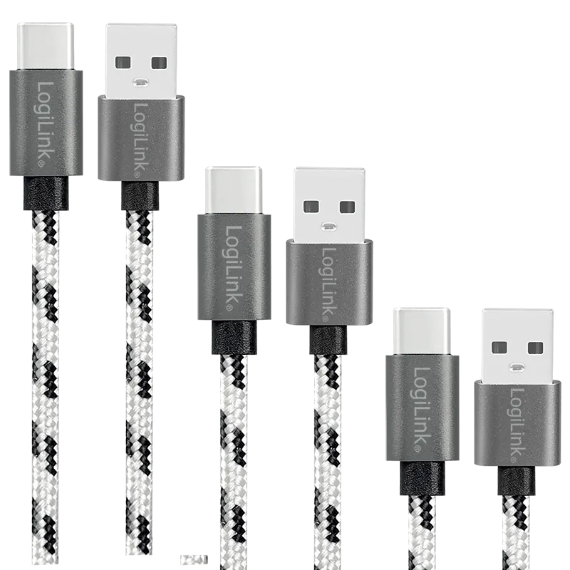 USB 2.0 Type-C 3er-Kabel-Set, C/M zu A/M, Alu, Nylon, weiß/schwarz