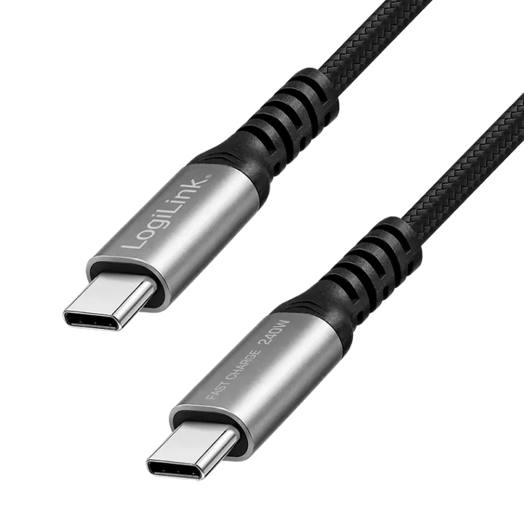 USB 2.0 Type-C-Kabel, C/M zu C/M, 480 Mbit/s, 240W, Nylon, Metal, schwarz/silber, 1 m