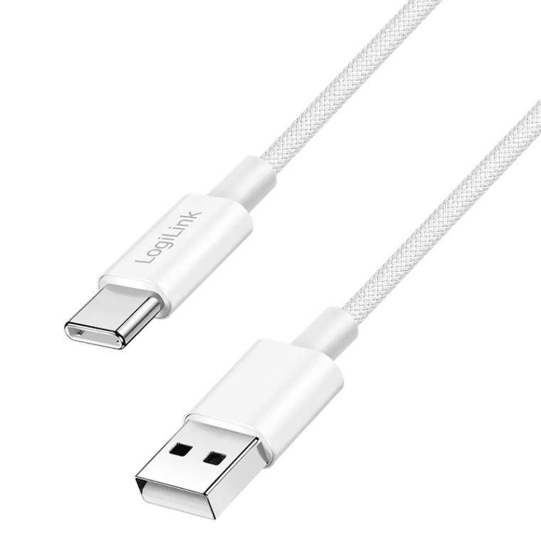 USB 2.0 Type-C-Kabel, A/M zu C/M, 480 Mbit/s, 60W, Nylon, weiß, 0,15 m