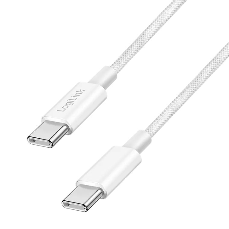 USB 2.0 Type-C-Kabel, C/M zu C/M, 480 Mbit/s, 60W, Nylon, weiß, 0,15 m