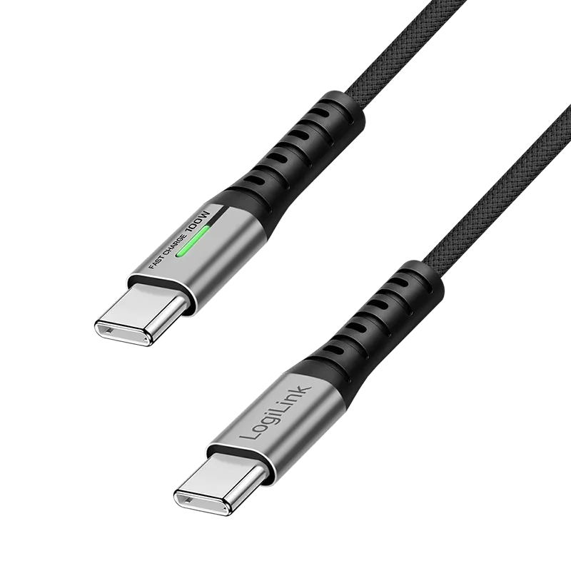 USB 2.0 Type-C-Kabel, C/M zu C/M, 480 Mbit/s, 100W, LED, Nylon, Metall, schwarz, 0,5 m