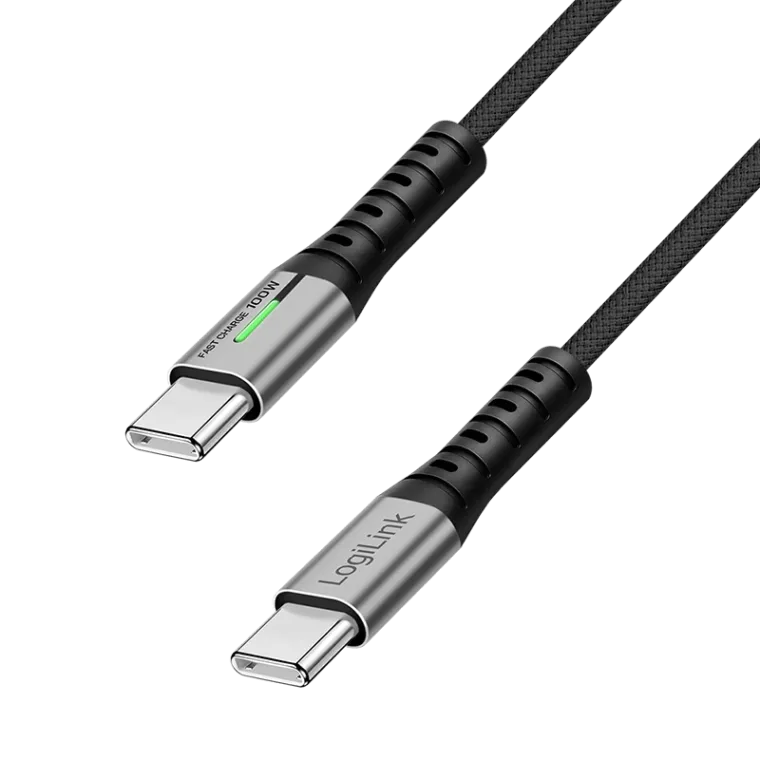 USB 2.0 Type-C-Kabel, C/M zu C/M, 480 Mbit/s, 100W, LED, Nylon, Metall, schwarz, 1 m