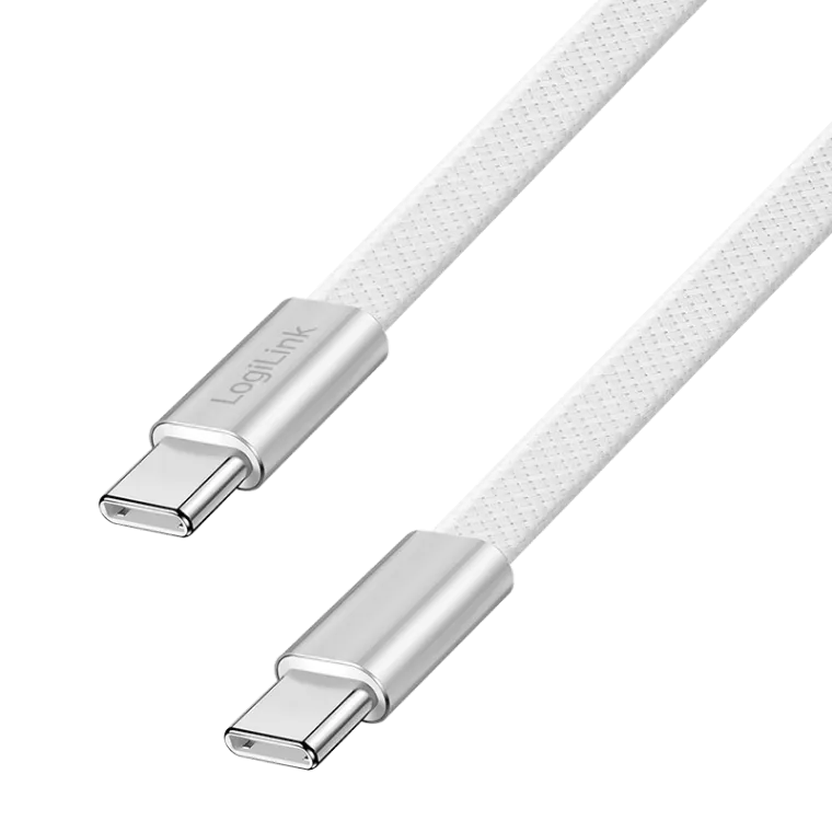 USB 2.0 Type-C-Kabel, C/M zu C/M, Flachband, 480 Mbit/s, 60W, Außengeflecht, weiß, 1 m