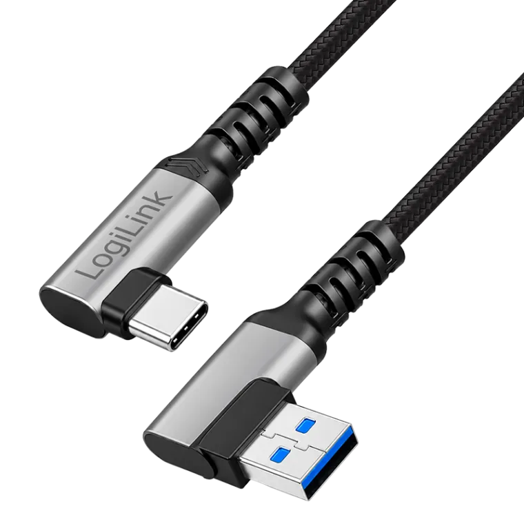 USB 3.2 Gen1 Type-C-Kabel, A/M 90° zu C/M 90°, 5 Gbit/s, 60W, Metall, silber/schwarz, 1,5 m