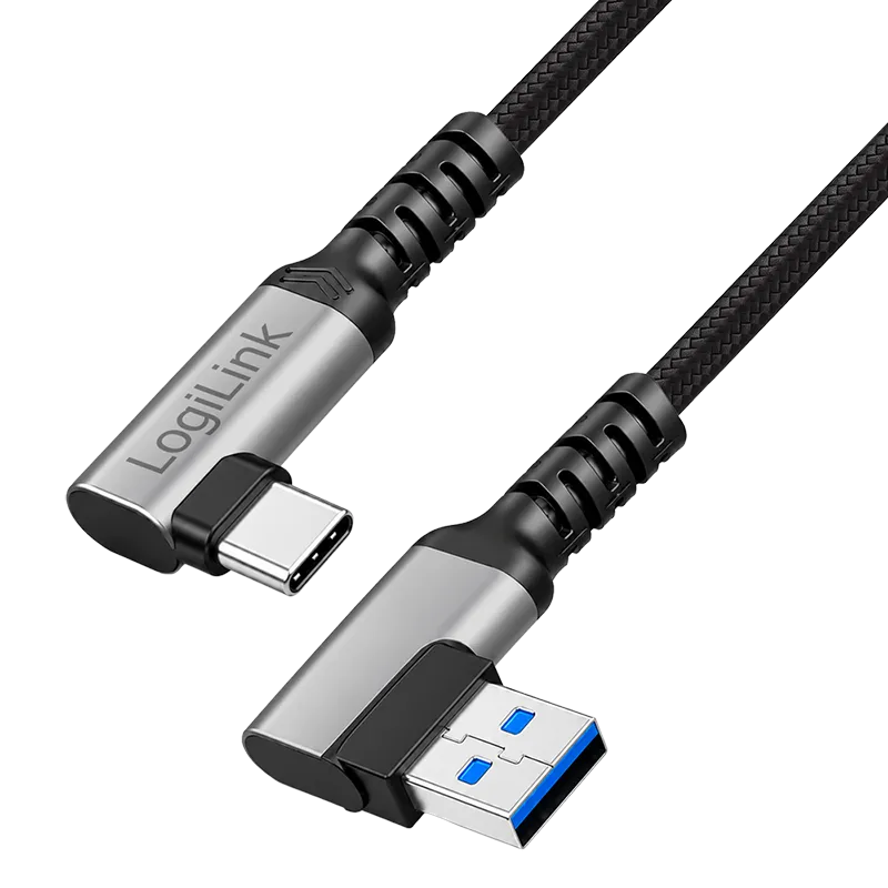 USB 3.2 Gen1 Type-C-Kabel, A/M 90° zu C/M 90°, 5 Gbit/s, 60W, Metall, silber/schwarz, 1,5 m