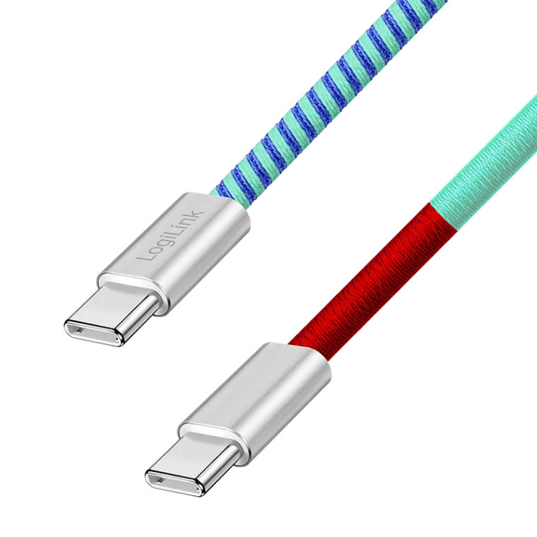 USB 2.0 Type-C-Kabel, C/M zu C/M, 480 Mbit/s, 60W, Stoff, Metall, blau/rot, 1 m