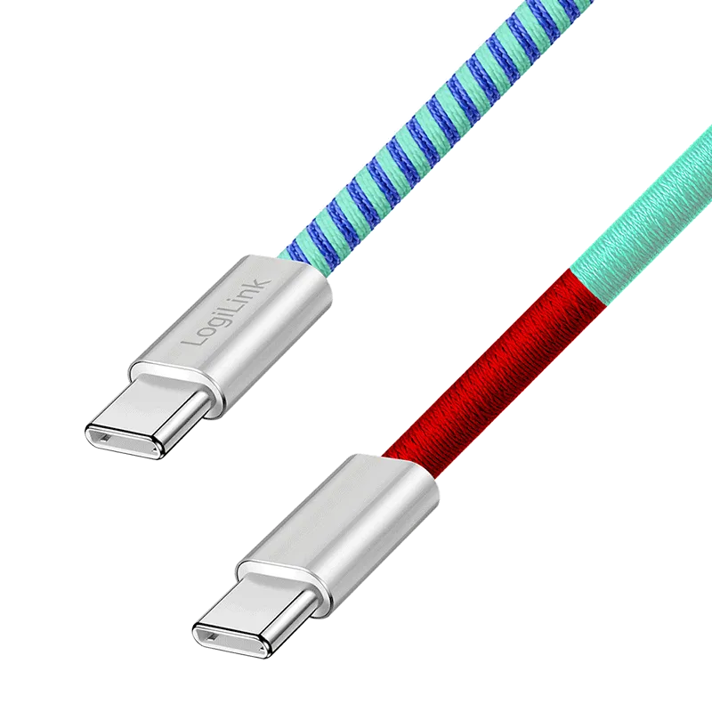 USB 2.0 Type-C-Kabel, C/M zu C/M, 480 Mbit/s, 60W, Stoff, Metall, blau/rot, 1 m