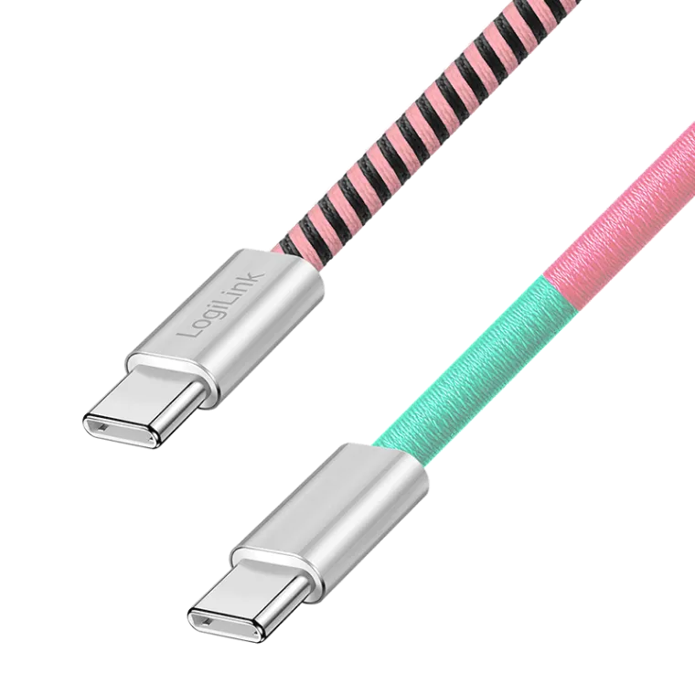 USB 2.0 Type-C-Kabel, C/M zu C/M, 480 Mbit/s, 60W, Stoff, Metall, türkis/pink, 1 m