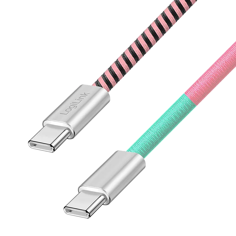 USB 2.0 Type-C-Kabel, C/M zu C/M, 480 Mbit/s, 60W, Stoff, Metall, türkis/pink, 1 m