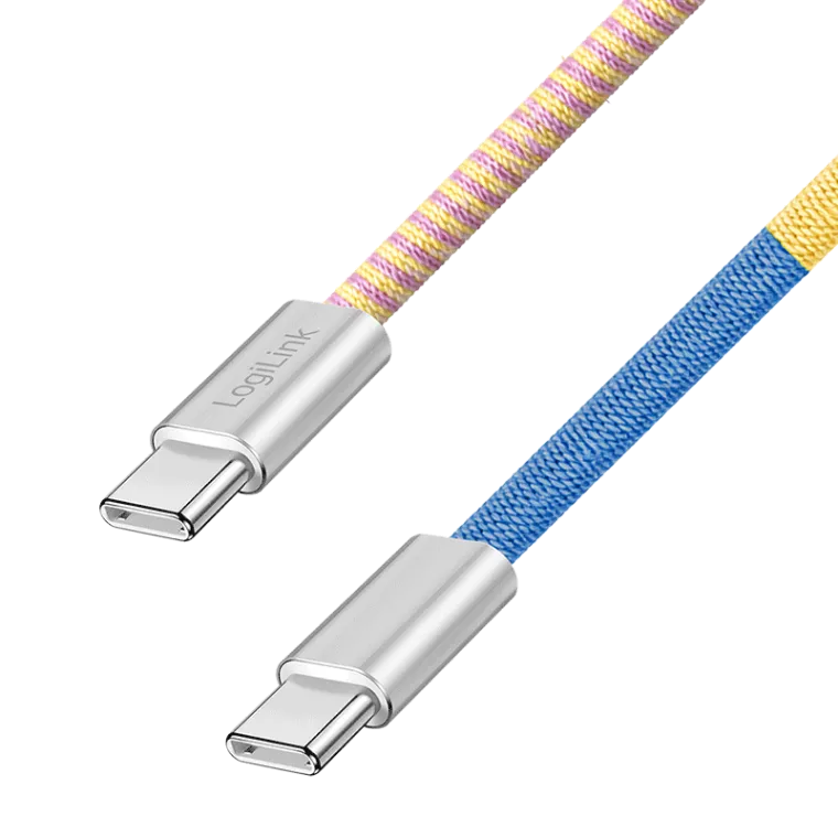 USB 2.0 Type-C-Kabel, C/M zu C/M, 480 Mbit/s, 60W, Stoff, Metall, blau/gelb, 1 m