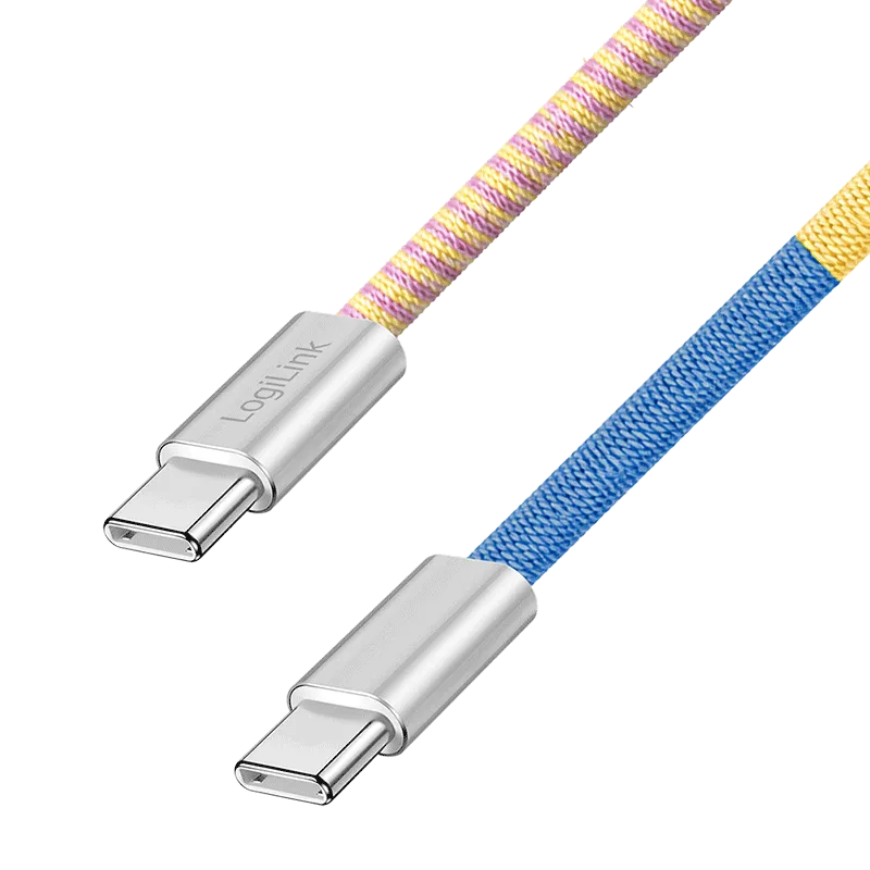 USB 2.0 Type-C-Kabel, C/M zu C/M, 480 Mbit/s, 60W, Stoff, Metall, blau/gelb, 1 m