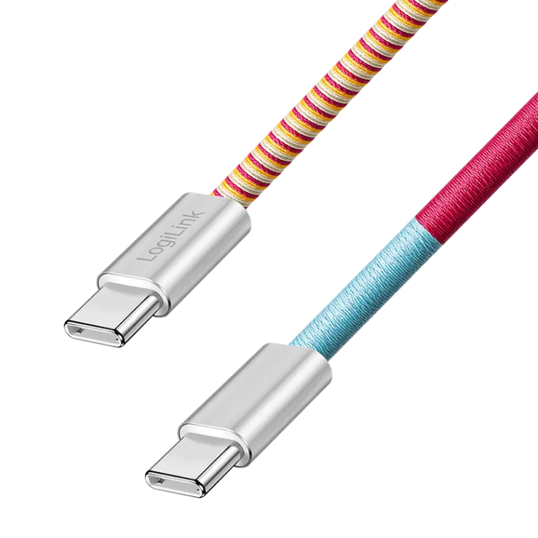 USB 2.0 Type-C-Kabel, C/M zu C/M, 480 Mbit/s, 60W, Stoff, Metall, gelb/rot, 1 m