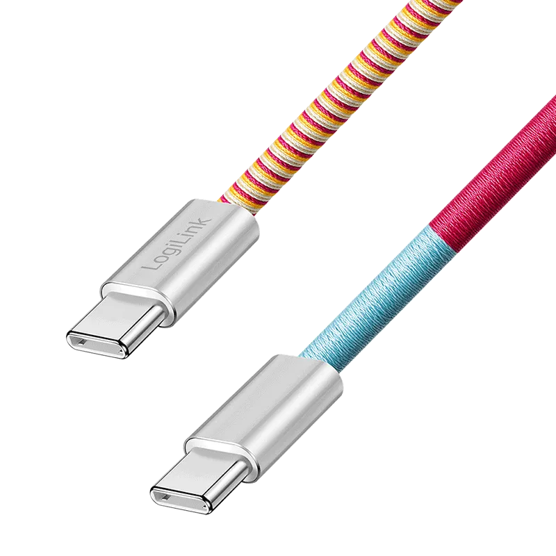USB 2.0 Type-C-Kabel, C/M zu C/M, 480 Mbit/s, 60W, Stoff, Metall, gelb/rot, 1 m