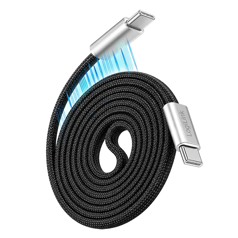 USB 2.0 Type-C-Kabel, C/M zu C/M, flach, magnetisch, 100W, Nylon, schwarz/silber, 1 m