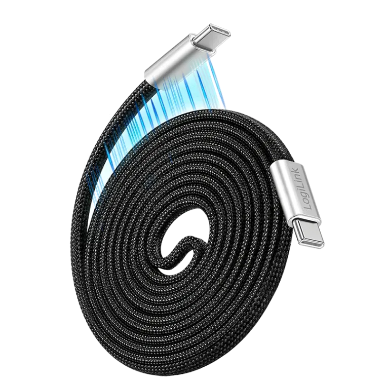 USB 2.0 Type-C-Kabel, C/M zu C/M, flach, magnetisch, 100W, Nylon, schwarz/silber, 2 m