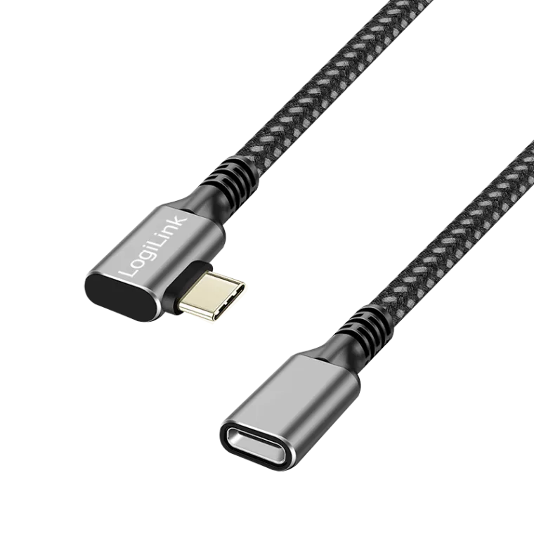 USB 3.2 Gen2 Type-C-Kabel, C/M 90° zu C/F, 10 Gbit/s, 100W, Nylon, Alu, schwarz/grau, 0,5 m