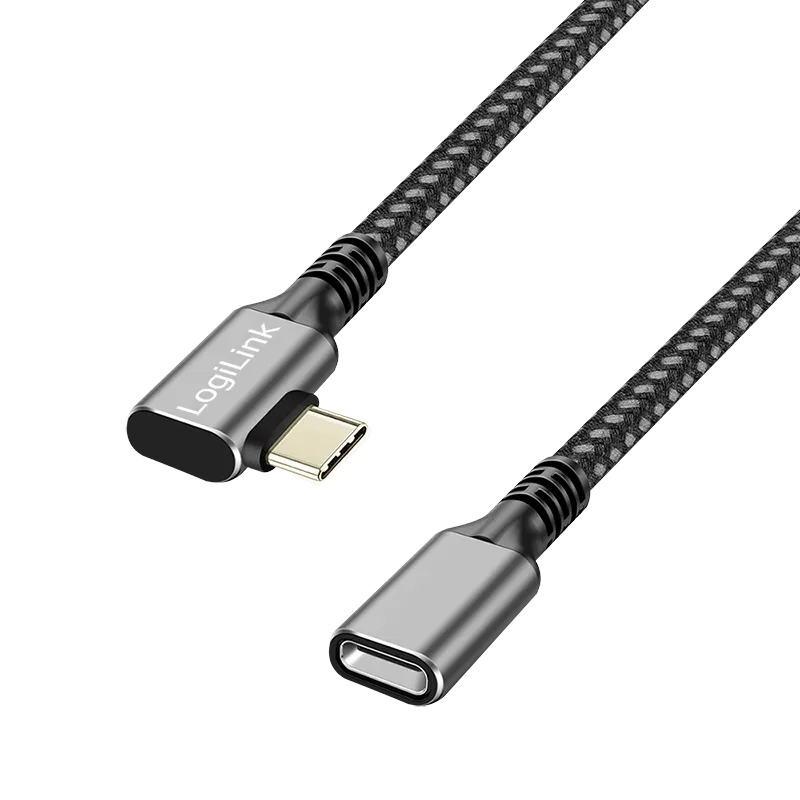 USB 3.2 Gen2 Type-C-Kabel, C/M 90° zu C/F, 10 Gbit/s, 100W, Nylon, Alu, schwarz/grau, 0,5 m
