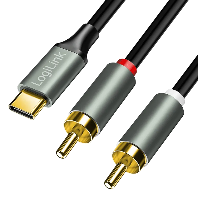 USB 2.0 Type-C-Kabel, C/M zu 2x Cinch/M, Stereo Audio, Alu, schwarz/silber, 1 m