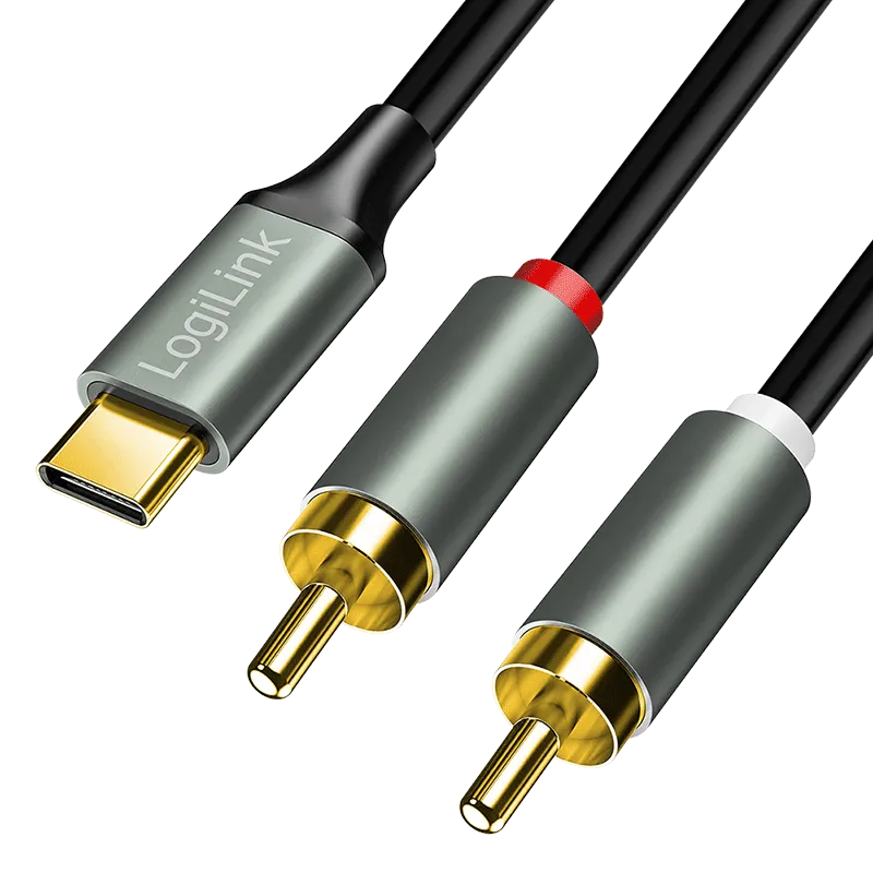 USB 2.0 Type-C-Kabel, C/M zu 2x Cinch/M, Stereo Audio, Alu, schwarz/silber, 2 m