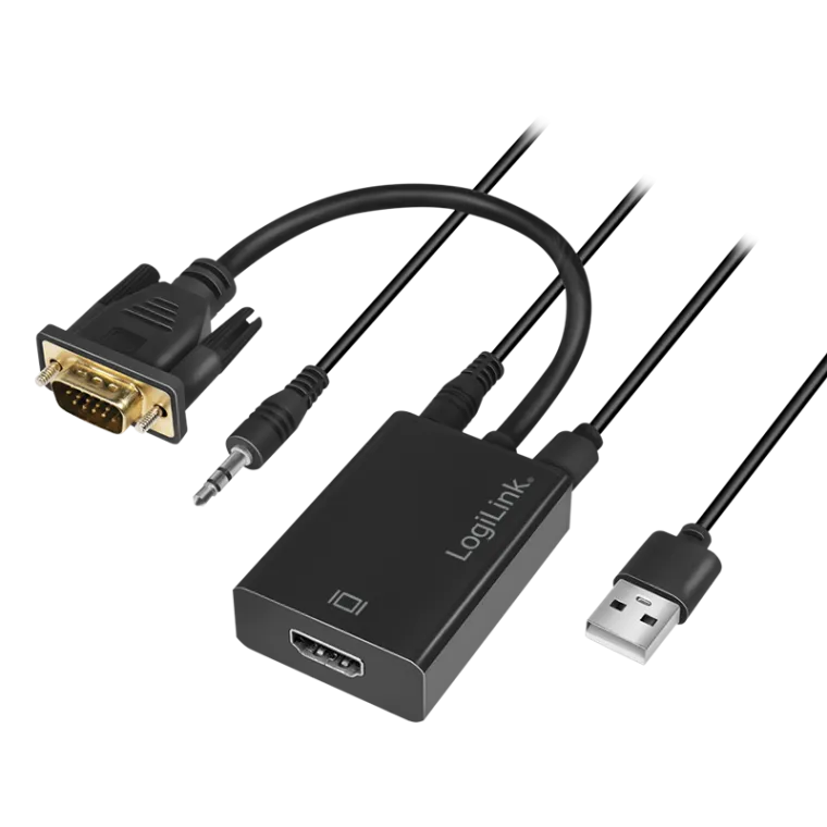 VGA-Adapter, HD15/M zu HDMI-A+3,5 mm+Micro-USB, FHD, schwarz, 0,15 m