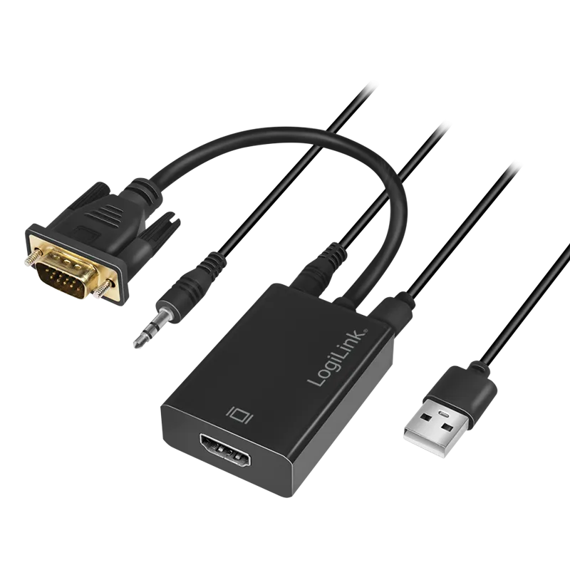 VGA-Adapter, HD15/M zu HDMI-A+3,5 mm+Micro-USB, FHD, schwarz, 0,15 m