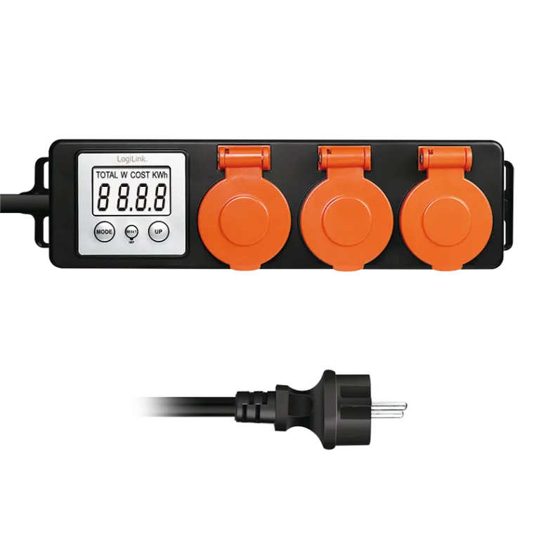 3-fach Außensteckdosenleiste, Energiekostenmesser, IP44, 2.0"-LCD und Schutzklappen