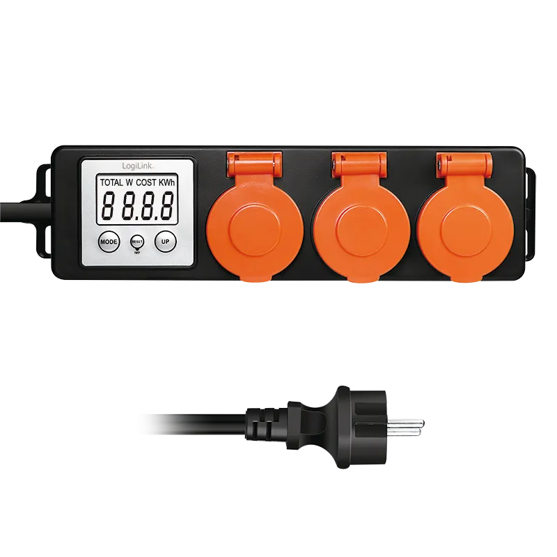 3-fach Außensteckdosenleiste, Energiekostenmesser, IP44, 2.0"-LCD und Schutzklappen