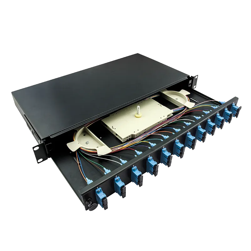 19" Komplett bestückte Spleißboxen SC-DX 12 Port, Single Mode OS2, 1HE, Schwarz