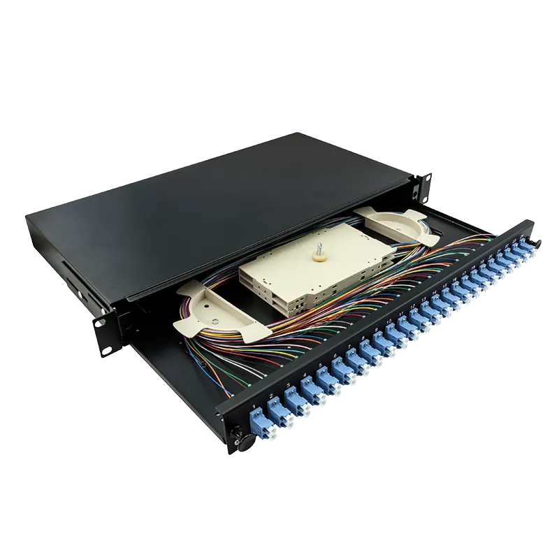 Komplett bestückte Spleißbox LC-DX 24 Port, Singlemode OS2, 1 HE, Schwarz