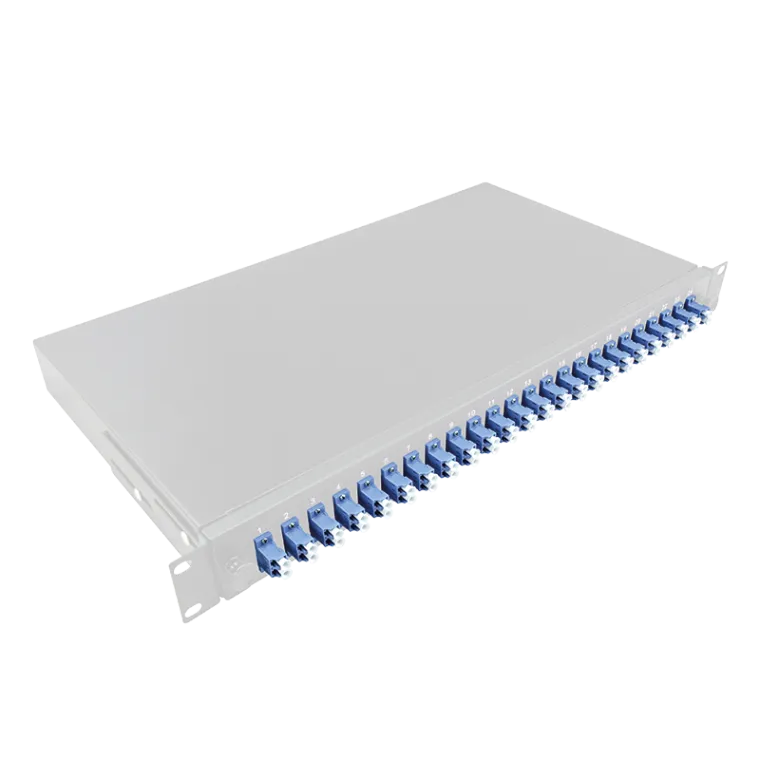 Komplett bestückte Spleißbox LC-DX 24 Port, Singlemode OS2, 1HE, Hellgrau