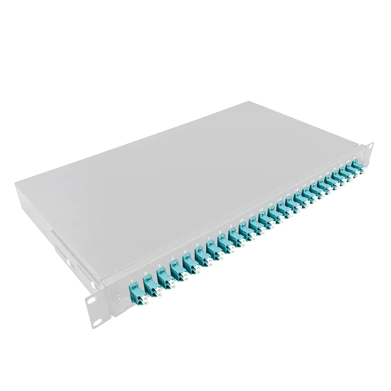 Komplett bestückte Spleißbox LC-DX 24 Port, Multimode OM3, 1HE, Hellgrau
