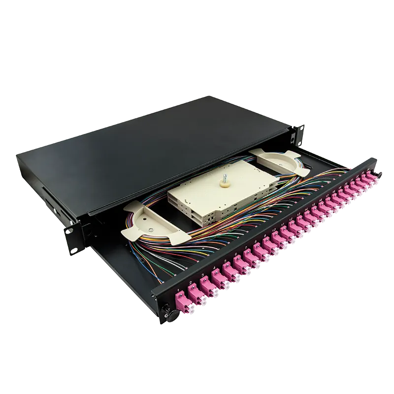 Komplett bestückte Spleißbox LC-DX 24 Port, Multimode OM4, 1HE, Schwarz