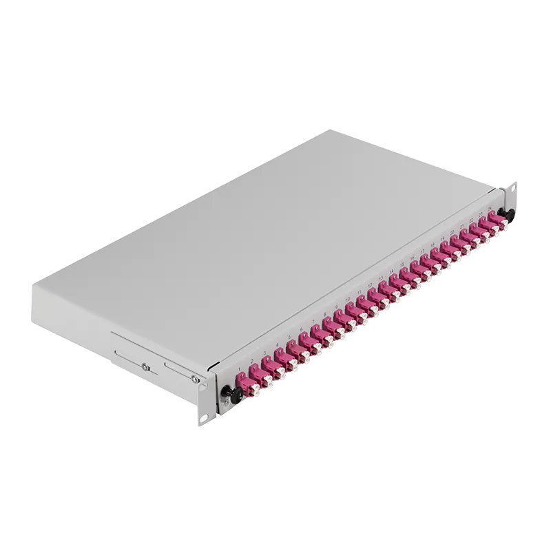 Komplett bestückte Spleißbox LC-DX 24 Port, Multimode OM4, 1HE, Hellgrau