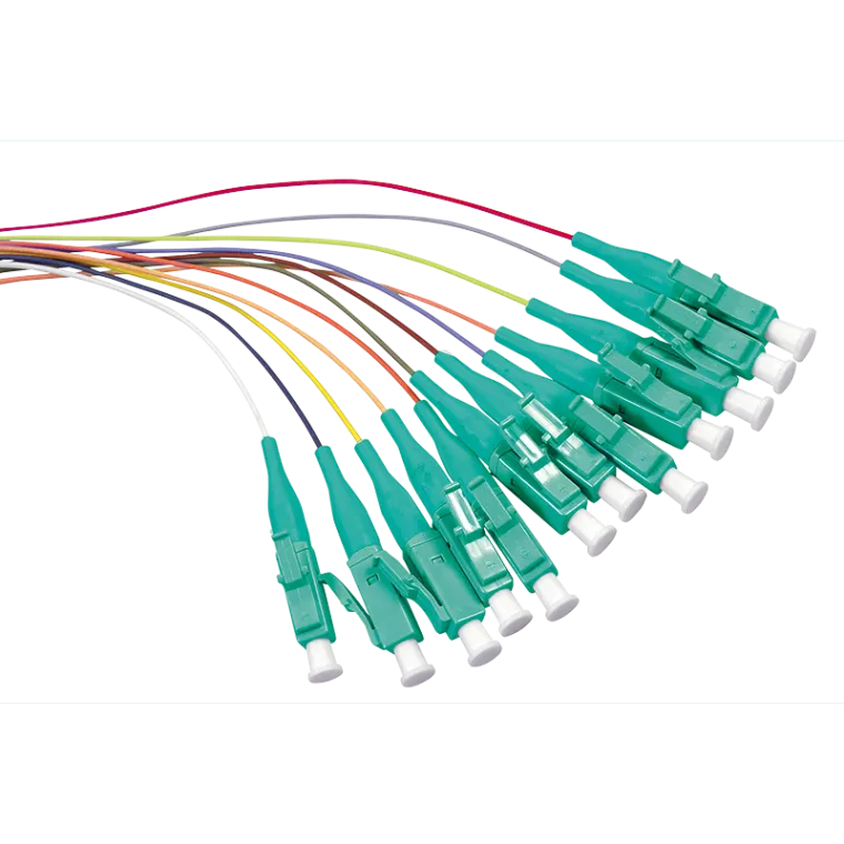 Farbiger Pigtailsatz 12 x LC, OM3 50/125µ, 2m, Stecker Türkis