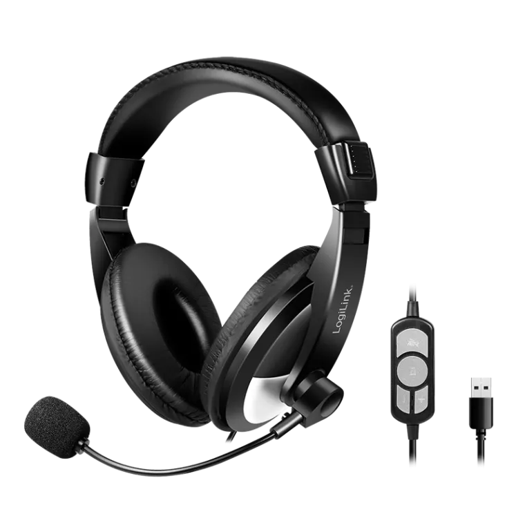 Stereo-Headset mit Steuerung, 1x USB-A-Stecker, Bügelmikrofon, schwarz