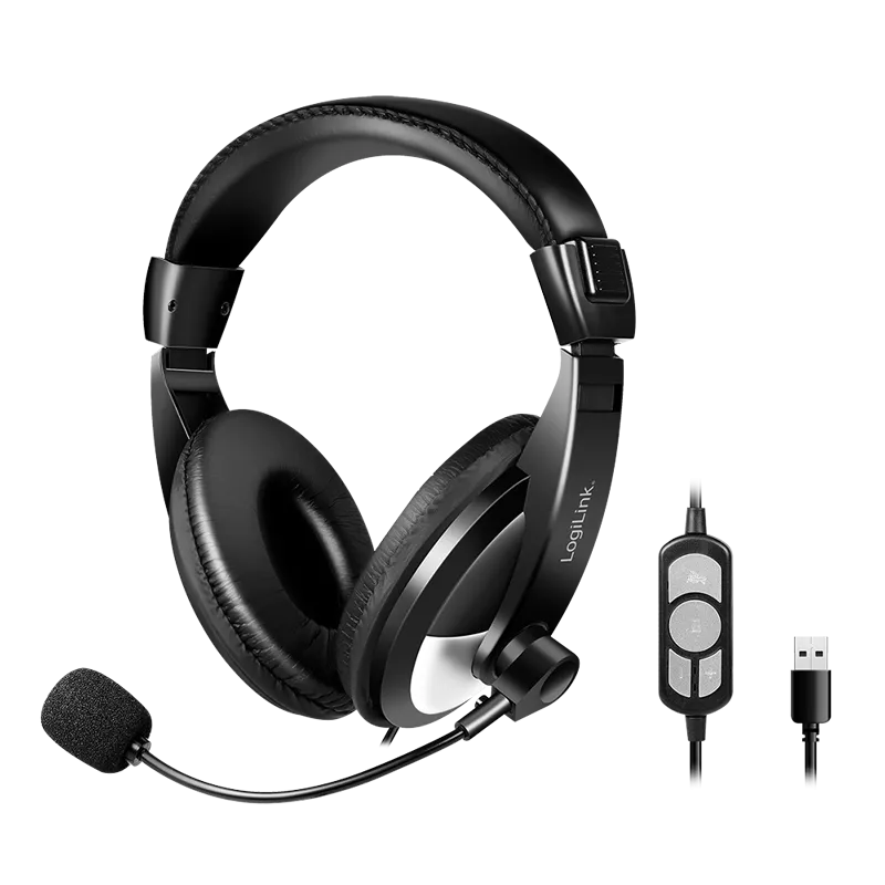 Stereo-Headset mit Steuerung, 1x USB-A-Stecker, Bügelmikrofon, schwarz