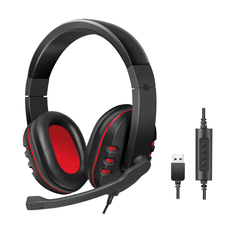Stereo-Headset, 1x USB-A-Stecker, Bügelmikrofon, Gaming, schwarz/rot