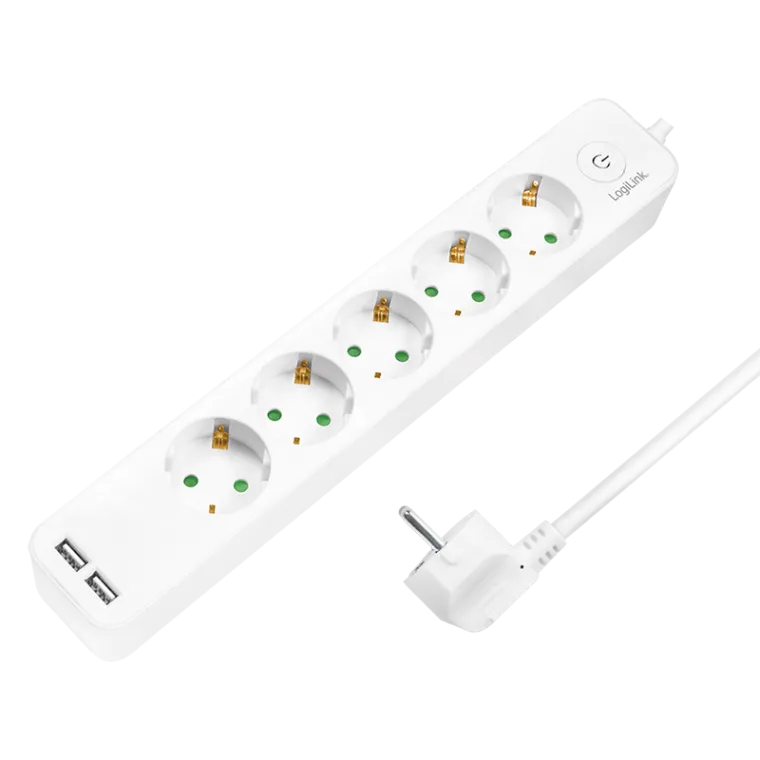 Steckdosenleiste 5-fach + Schalter, 5x CEE 7/3 + 2x USB-A, 1,5 m, weiß