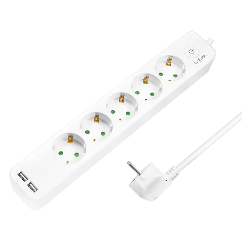 Steckdosenleiste 5-fach + Schalter, 5x CEE 7/3 + 2x USB-A, 1,5 m, weiß