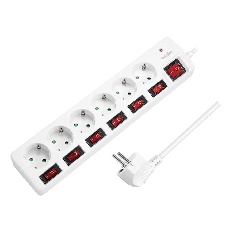 Steckdosenleiste 6-fach mit 7 Schaltern, 6x CEE 7/3, weiß