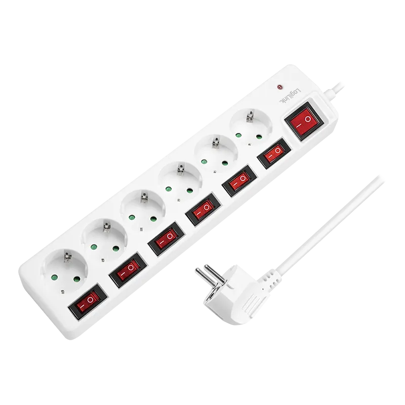 Steckdosenleiste 6-fach mit 7 Schaltern, 6x CEE 7/3, weiß
