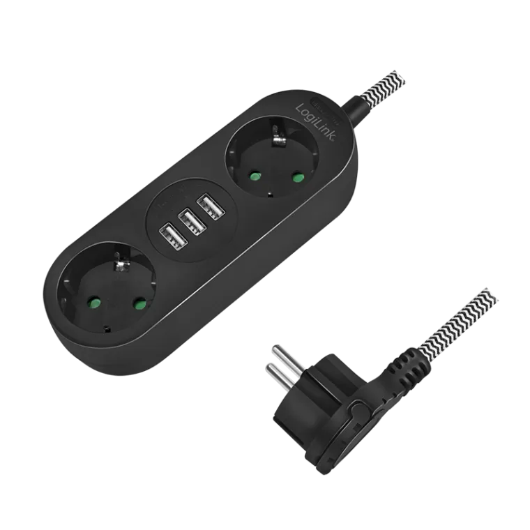 Steckdosenleiste 2-fach, 2x CEE 7/3 + 3x USB-A, Textilkabel, schwarz
