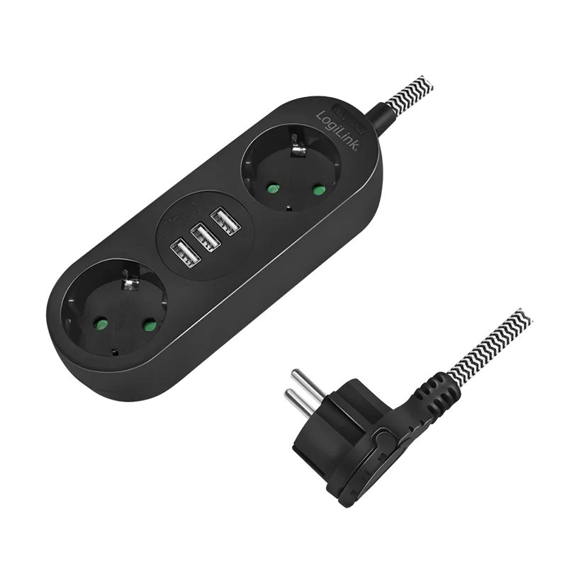 Steckdosenleiste 2-fach, 2x CEE 7/3 + 3x USB-A, Textilkabel, schwarz