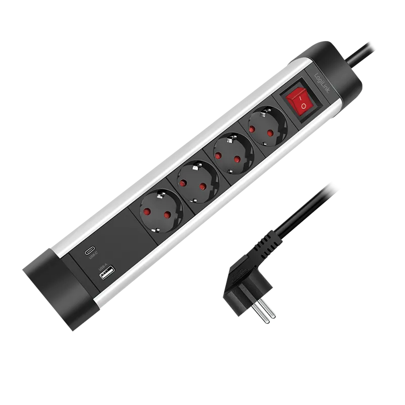 Steckdosenleiste 4-fach + Schalter, 4x CEE 7/3, 1x USB-A, 1x USB-C